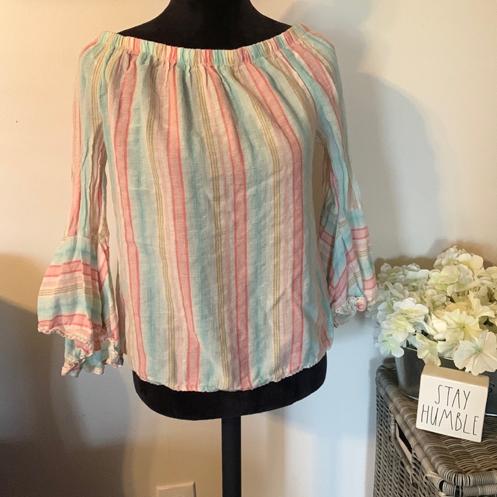 SOLITAIRE Striped Bell Sleeve Pastel Top M